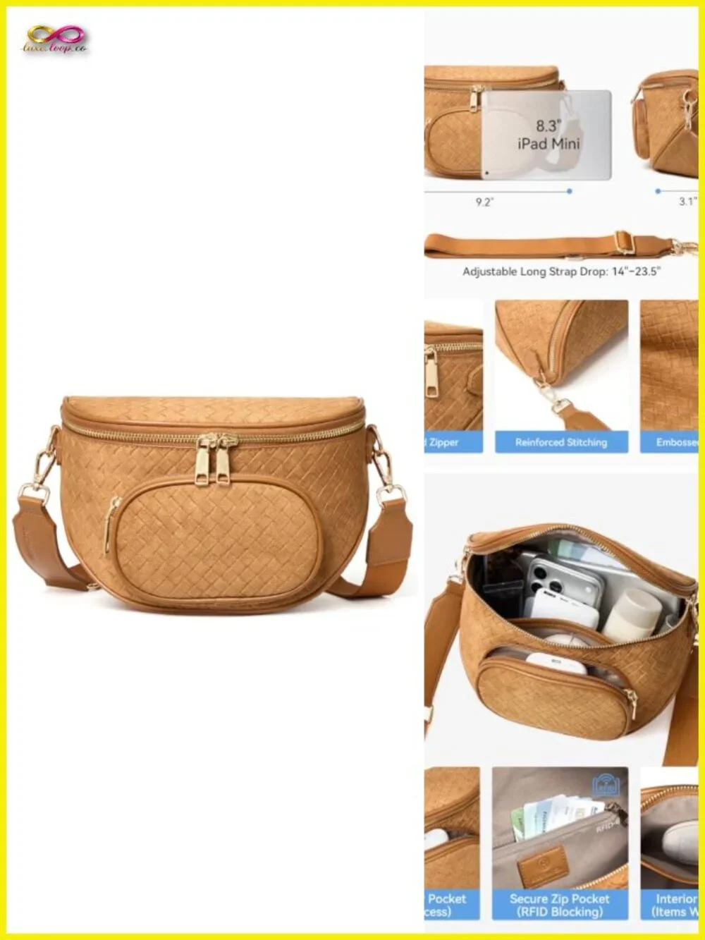 Crossbody Bum Bag Structured Fanny Pack RFID Vegan Leather Suede Adjustable